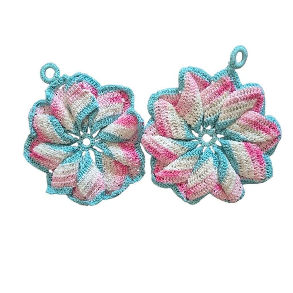 Crochet, Vintage White/Pink/Mint Cotton 6" Hanging Potholders (2)
